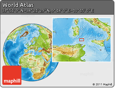 Physical Location Map of the Area around 38° 9' 19" N, 10° 16' 30" E