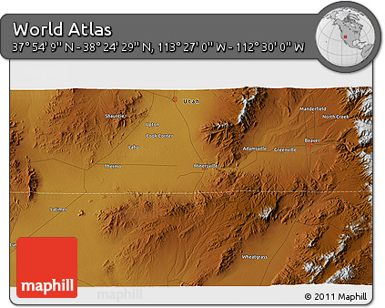 Physical 3D Map of the Area around 38° 9' 19" N, 112° 58' 29" W