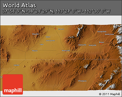 Physical 3D Map of the Area around 38° 9' 19" N, 112° 58' 29" W