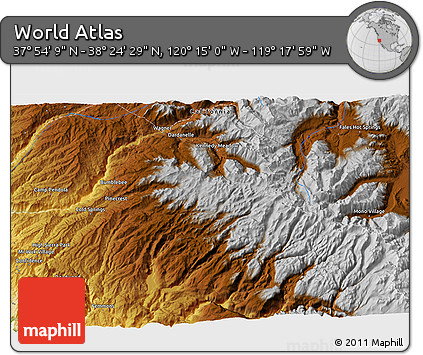 Physical 3D Map of the Area around 38° 9' 19" N, 119° 46' 30" W