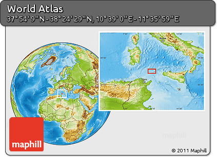 Physical Location Map of the Area around 38° 9' 19" N, 11° 7' 30" E