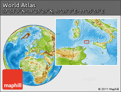 Physical Location Map of the Area around 38° 9' 19" N, 11° 7' 30" E