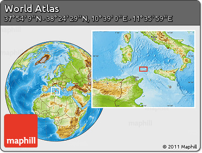 Physical Location Map of the Area around 38° 9' 19" N, 11° 7' 30" E