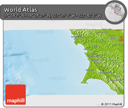 Physical 3D Map of the Area around 38° 9' 19" N, 123° 10' 30" W
