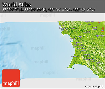 Physical 3D Map of the Area around 38° 9' 19" N, 123° 10' 30" W