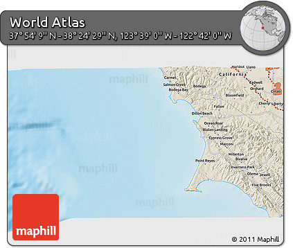 Shaded Relief 3D Map of the Area around 38° 9' 19" N, 123° 10' 30" W
