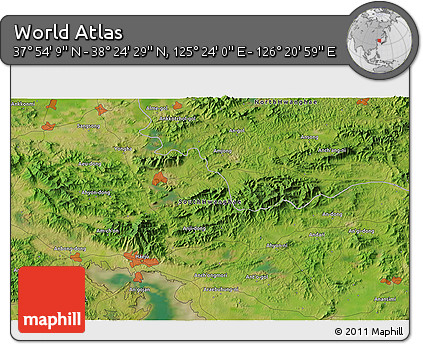 Satellite 3D Map of the Area around 38° 9' 19" N, 125° 52' 30" E