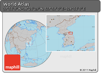 Gray Location Map of the Area around 38° 9' 19" N, 128° 25' 30" E