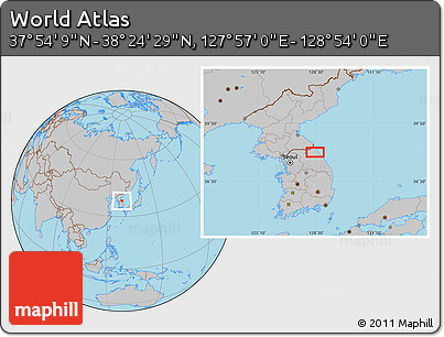 Gray Location Map of the Area around 38° 9' 19" N, 128° 25' 30" E