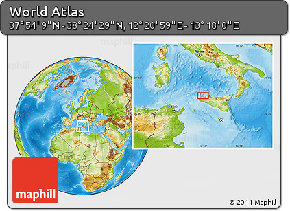 Physical Location Map of the Area around 38° 9' 19" N, 12° 49' 29" E