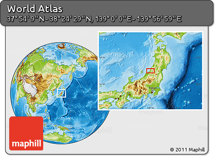 Physical Location Map of the Area around 38° 9' 19" N, 139° 28' 29" E
