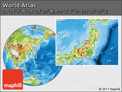 Physical Location Map of the Area around 38° 9' 19" N, 139° 28' 29" E