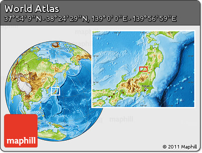 Physical Location Map of the Area around 38° 9' 19" N, 139° 28' 29" E