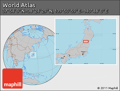 Gray Location Map of the Area around 38° 9' 19" N, 140° 19' 29" E
