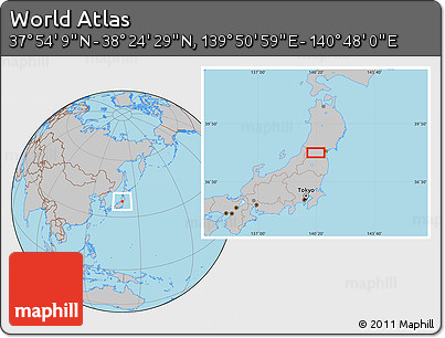Gray Location Map of the Area around 38° 9' 19" N, 140° 19' 29" E