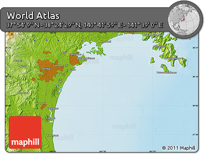 Physical Map of the Area around 38° 9' 19" N, 141° 10' 30" E