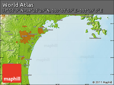 Physical Map of the Area around 38° 9' 19" N, 141° 10' 30" E