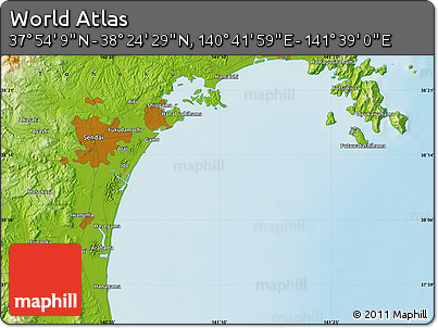 Physical Map of the Area around 38° 9' 19" N, 141° 10' 30" E