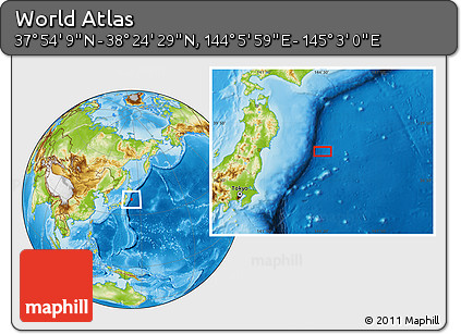 Physical Location Map of the Area around 38° 9' 19" N, 144° 34' 29" E