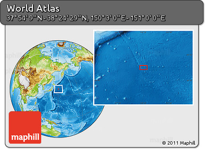 Physical Location Map of the Area around 38° 9' 19" N, 150° 31' 30" E