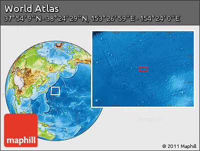 Physical Location Map of the Area around 38° 9' 19" N, 153° 55' 30" E
