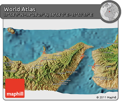 Satellite 3D Map of the Area around 38° 9' 19" N, 15° 22' 30" E