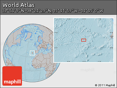 Gray Location Map of the Area around 38° 9' 19" N, 15° 13' 29" W, hill shading