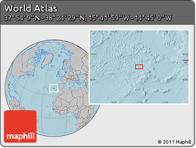 Gray Location Map of the Area around 38° 9' 19" N, 15° 13' 29" W, hill shading