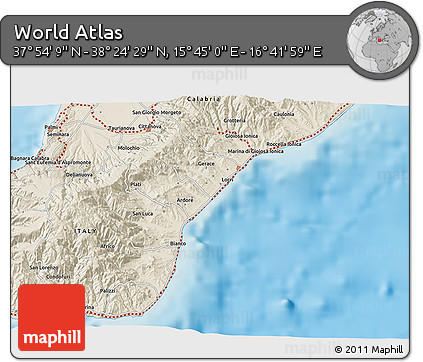 Shaded Relief 3D Map of the Area around 38° 9' 19" N, 16° 13' 30" E