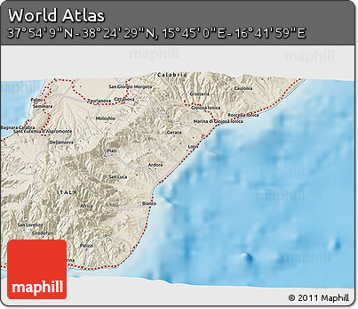 Shaded Relief 3D Map of the Area around 38° 9' 19" N, 16° 13' 30" E