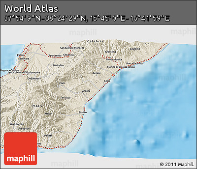 Shaded Relief 3D Map of the Area around 38° 9' 19" N, 16° 13' 30" E