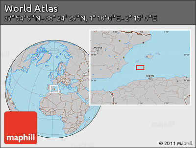 Gray Location Map of the Area around 38° 9' 19" N, 1° 46' 29" E