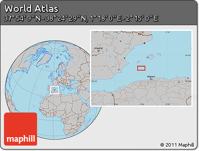 Gray Location Map of the Area around 38° 9' 19" N, 1° 46' 29" E