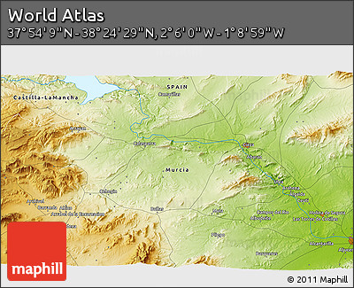Physical 3D Map of the Area around 38° 9' 19" N, 1° 37' 30" W