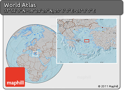 Gray Location Map of the Area around 38° 9' 19" N, 25° 34' 30" E, hill shading