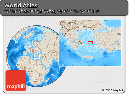 Shaded Relief Location Map of the Area around 38° 9' 19" N, 25° 34' 30" E