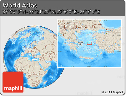 Shaded Relief Location Map of the Area around 38° 9' 19" N, 25° 34' 30" E