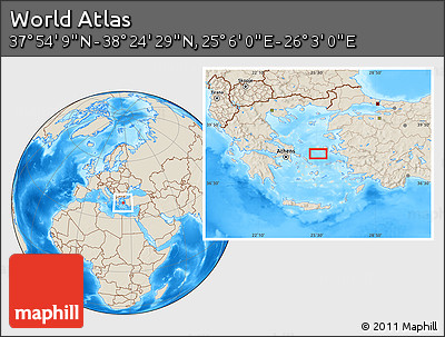 Shaded Relief Location Map of the Area around 38° 9' 19" N, 25° 34' 30" E