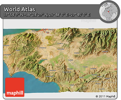 Satellite 3D Map of the Area around 38° 9' 19" N, 27° 16' 29" E