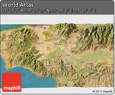 Satellite 3D Map of the Area around 38° 9' 19" N, 27° 16' 29" E