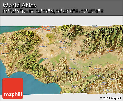 Satellite 3D Map of the Area around 38° 9' 19" N, 27° 16' 29" E