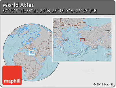 Gray Location Map of the Area around 38° 9' 19" N, 27° 16' 29" E, hill shading