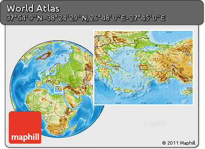 Physical Location Map of the Area around 38° 9' 19" N, 27° 16' 29" E