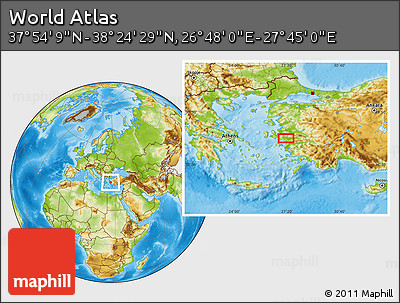 Physical Location Map of the Area around 38° 9' 19" N, 27° 16' 29" E