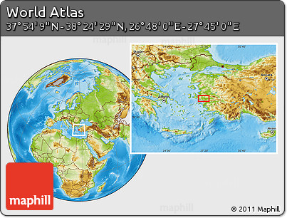 Physical Location Map of the Area around 38° 9' 19" N, 27° 16' 29" E