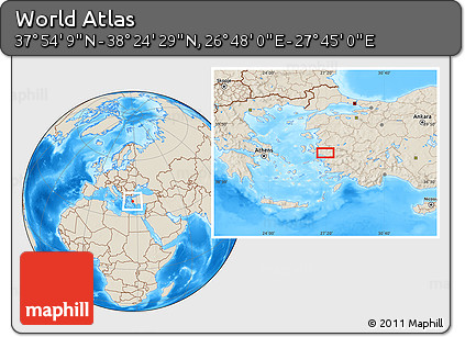 Shaded Relief Location Map of the Area around 38° 9' 19" N, 27° 16' 29" E