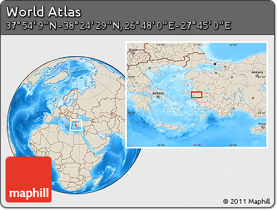 Shaded Relief Location Map of the Area around 38° 9' 19" N, 27° 16' 29" E