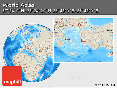 Shaded Relief Location Map of the Area around 38° 9' 19" N, 27° 16' 29" E