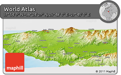 Physical Panoramic Map of the Area around 38° 9' 19" N, 27° 16' 29" E
