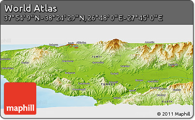 Physical Panoramic Map of the Area around 38° 9' 19" N, 27° 16' 29" E
